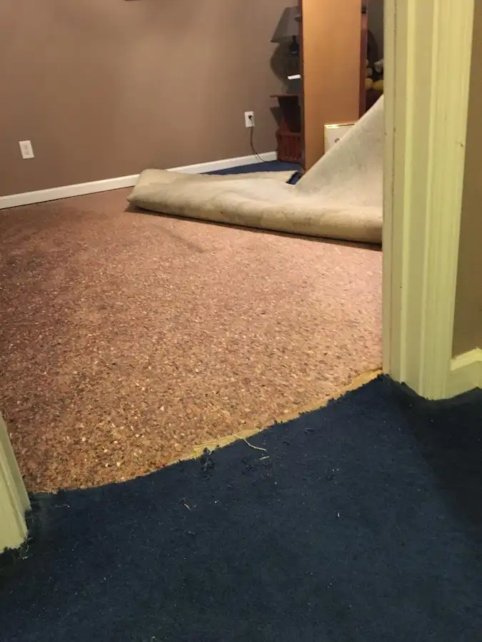 Carpet pad removal revealing water damage during Water Mitigation Services in New Iberia